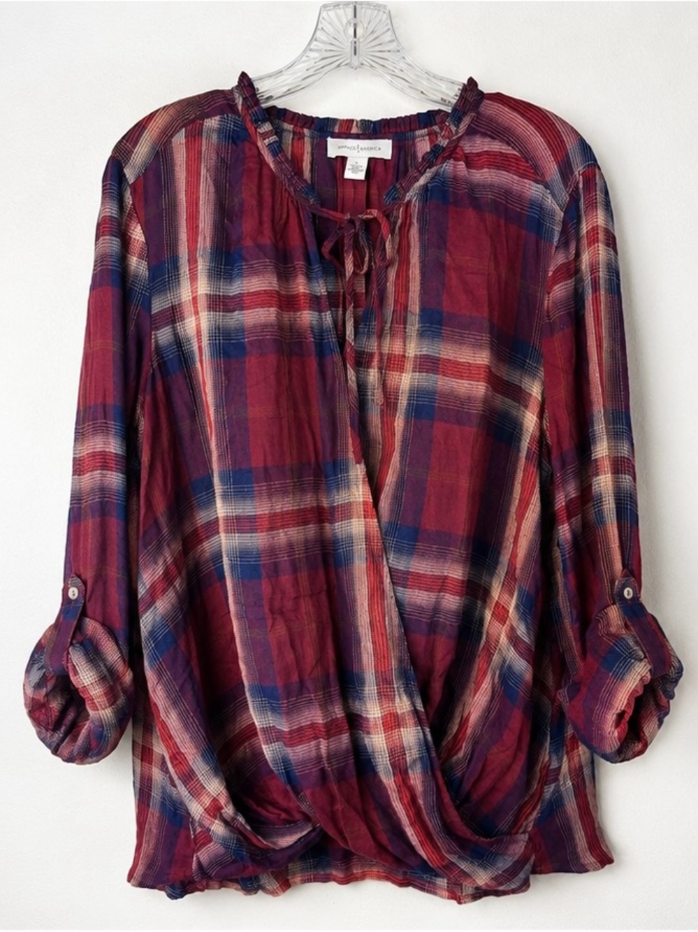 Vintage America Plaid Surplice Top Boho Tie Neck Faux Wrap Rayon Blouse Large